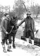 Dennis Shooter and Simon Stoker, dressed by the BBC to film "Silas Marner" on 29th March 1985. The horse is called 'Strawberry'.