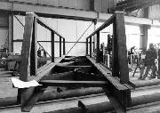 FIRST ASSEMBLY - the prefabricated sections were assembled for the first time in the contractor's yard at Longcliffe. A single finger was enough to swing the bridge, so well was it balanced. From there the parts were sent to be galvanised before being delivered to Cromford Wharf.