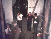 Our first sight of the Leawood Pumphouse before restoration started. 
In this photo are (left to right): Alf Etchells, Simon Stoker, John Gray, Peter Gray (in the pump chamber).