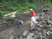 (L-R) Steve, Susan and Martyn start work on setting out the wooden shuttering for the second stage concrete pour (CH) 